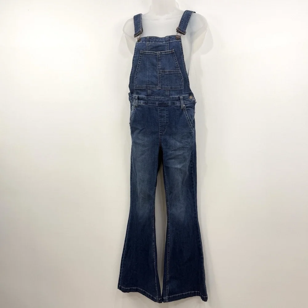 Free People We The Free Carly Flare Denim Overalls 28 Boho Hippie Festival